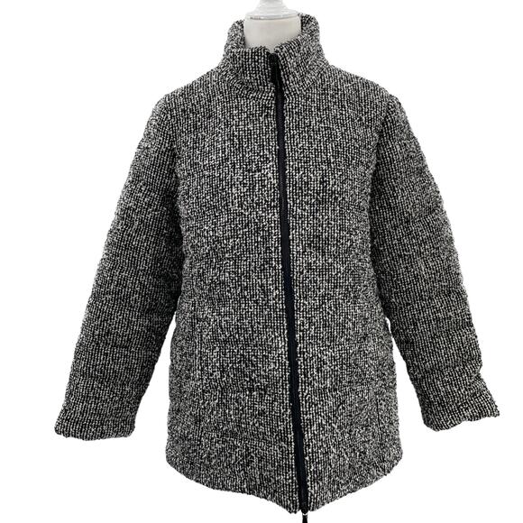 Chico's Black White Tweed Wool Blend Heavyweight Winter Outdoor Jacket Coat L - Picture 1 of 13